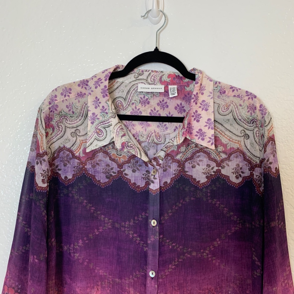 SUSAN GRAVER Purple Floral Chiffon Tunic Top Size 2XP Button Up Semi Sheer Artsy - Picture 2 of 15